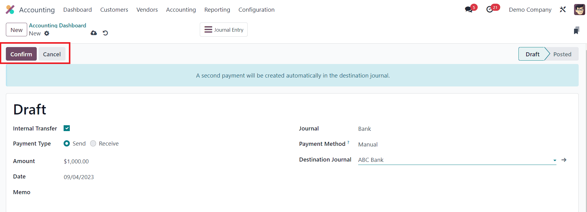 How to Transfer Cash Between Accounts in Odoo 16 Accounting-cybrosys