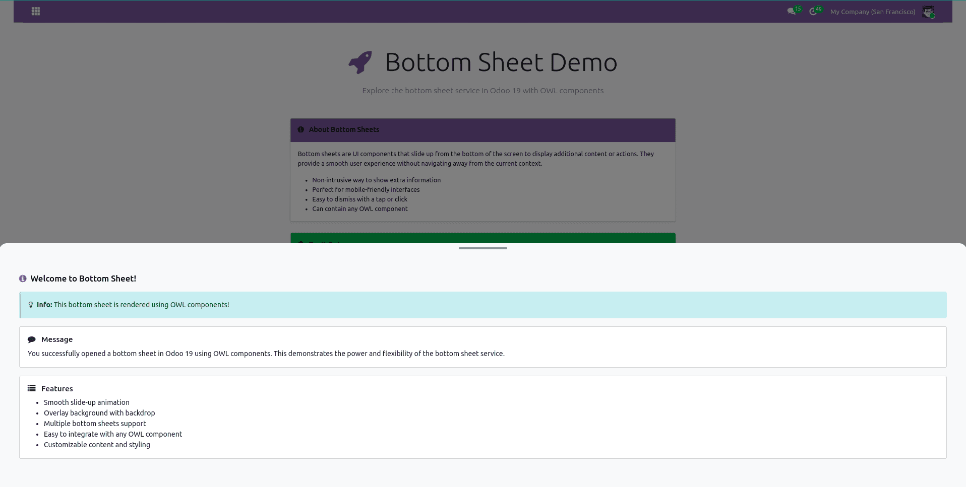 How to Use Bottom Sheet Service in Odoo 19 with OWL Components-cybrosys