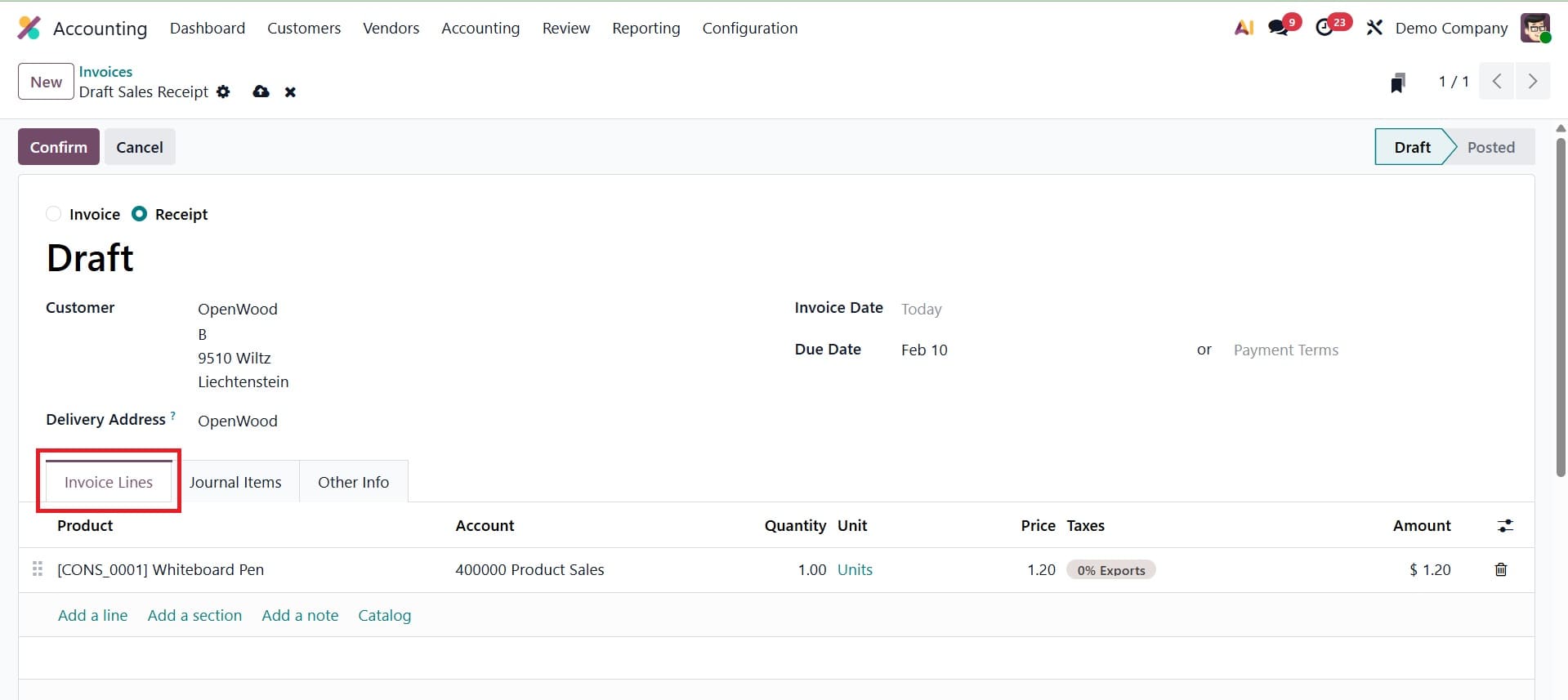 How to Use Receipts for Sales in Odoo 19 Accounting-cybrosys