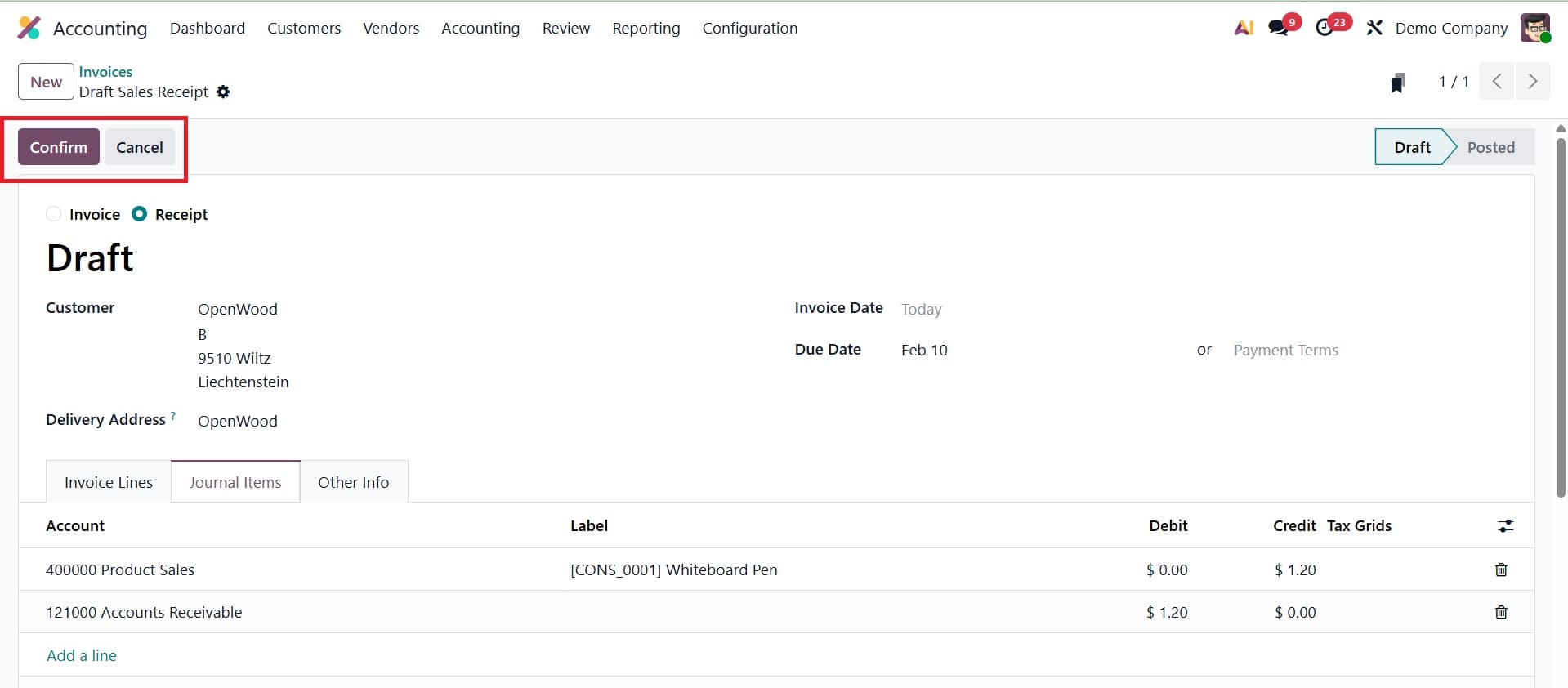 How to Use Receipts for Sales in Odoo 19 Accounting-cybrosys
