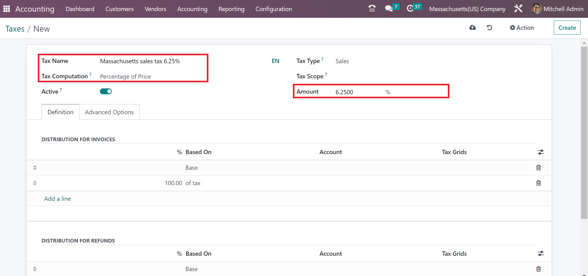 Massachusetts(USA) Sales Tax Calculation in the Odoo 16 Accounting-cybrosys