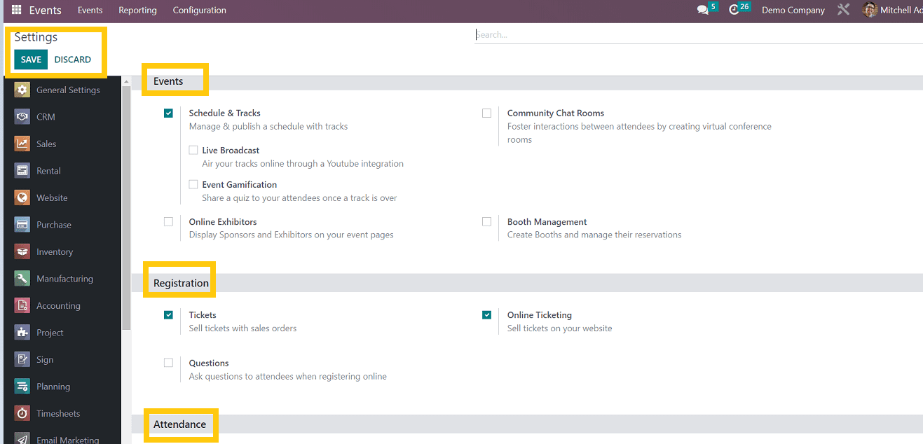 Overview of Configuration Menu of Odoo 16 Events App