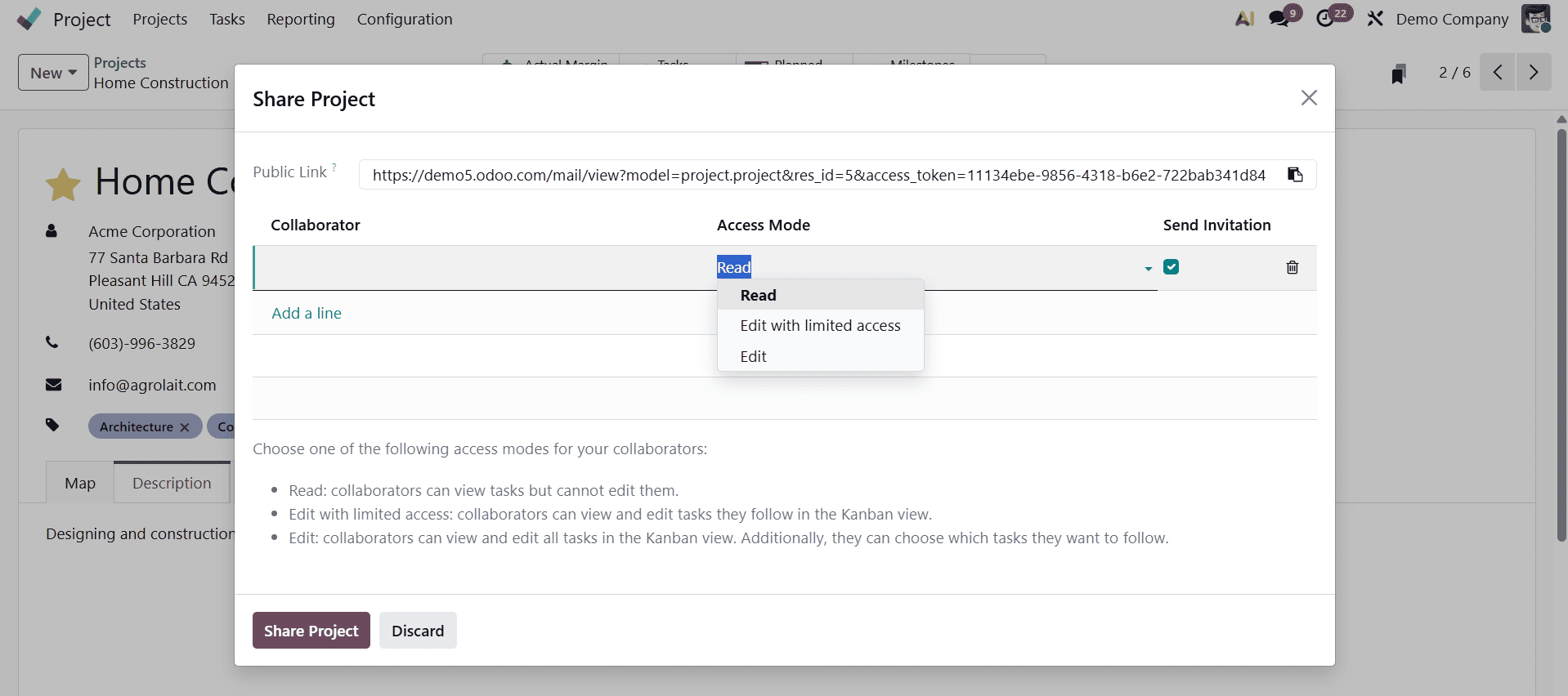 Overview of Project Collaboration and Sharing in Odoo 19 Project-cybrosys