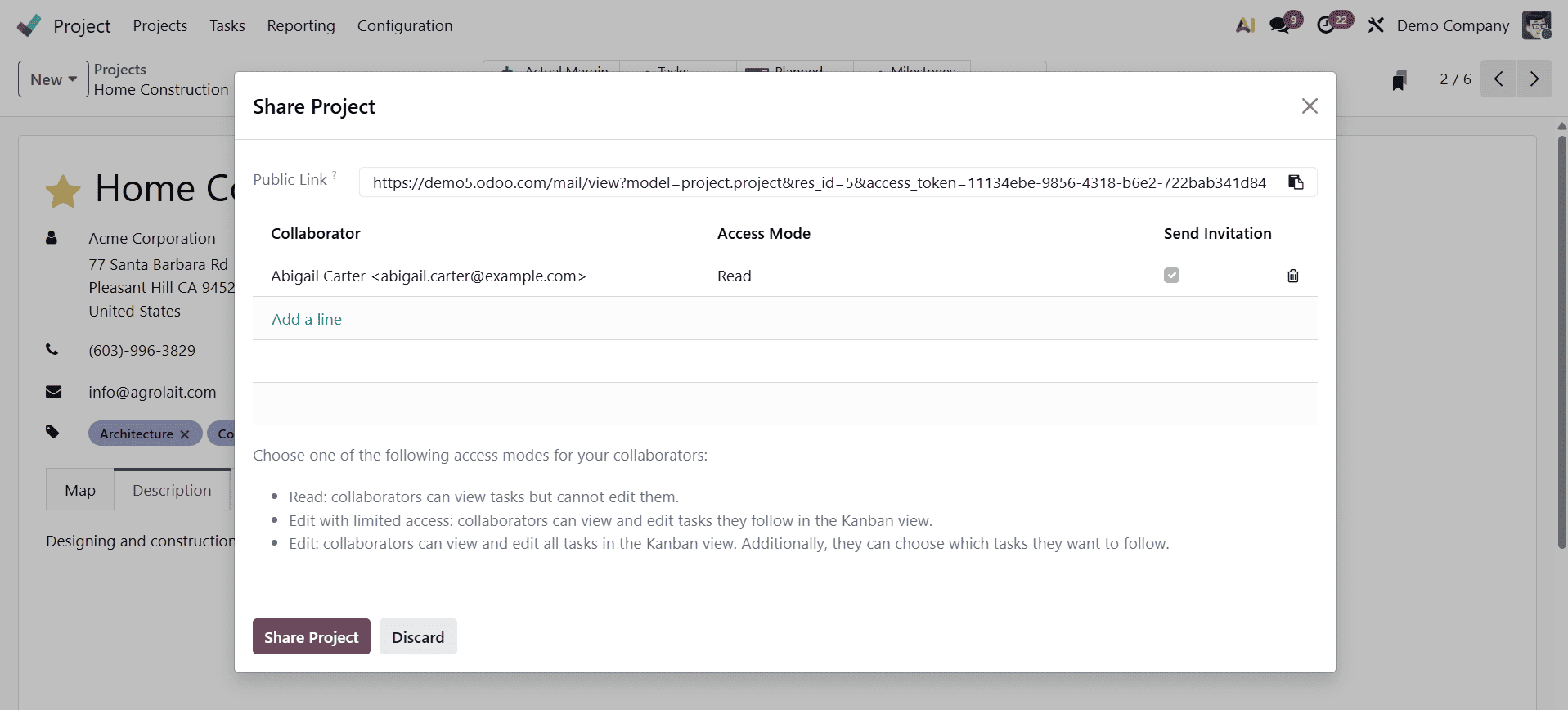 Overview of Project Collaboration and Sharing in Odoo 19 Project-cybrosys