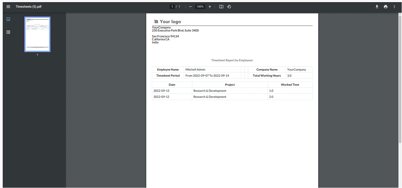 Timesheet PDF Report App in Odoo 16-cybrosys