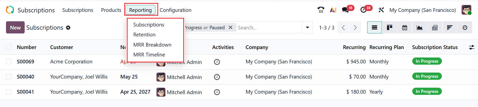 What are the Reporting Features in Odoo 19 Subscription-cybrosys