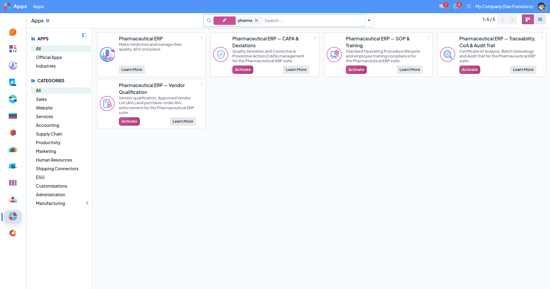 Odoo Apps list filtered to the five PharmaERP modules: core, CAPA and deviations, SOP and training, traceability and CoA, and vendor qualification.