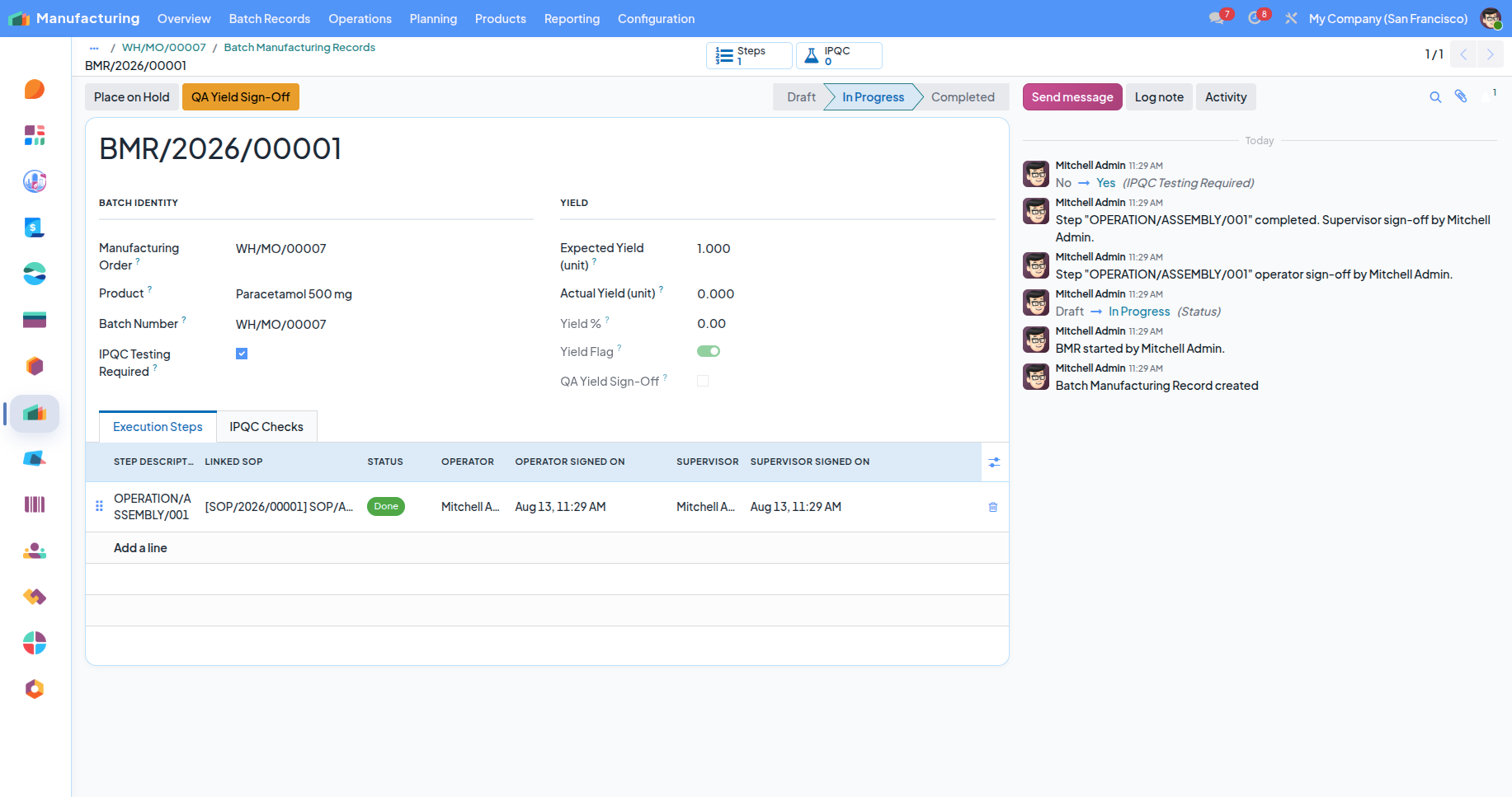 Batch manufacturing record in progress showing batch identity, expected versus actual yield, and execution steps with operator and supervisor sign-off.