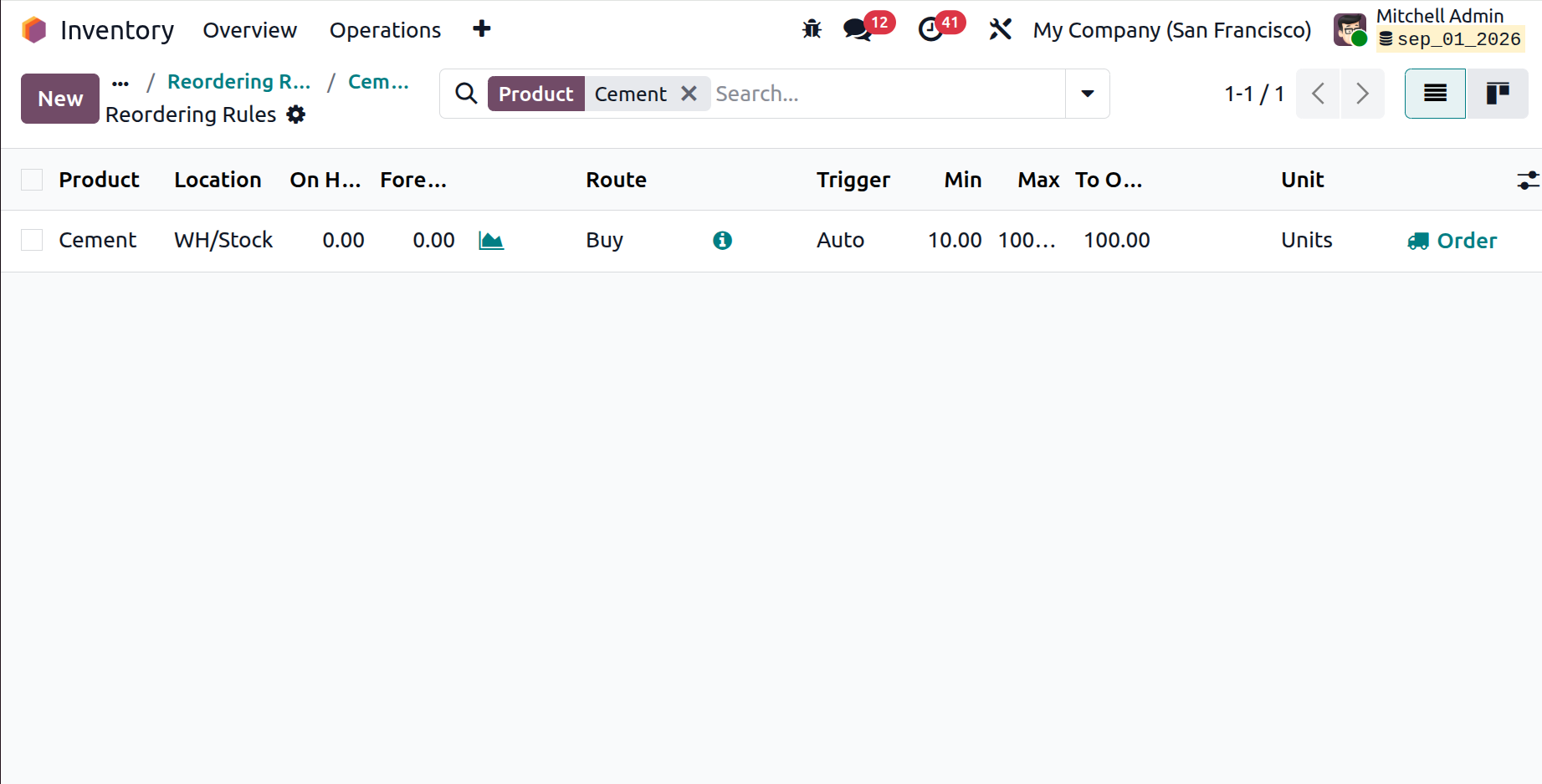 Odoo inventory showing building materials stock across multiple warehouses and yards