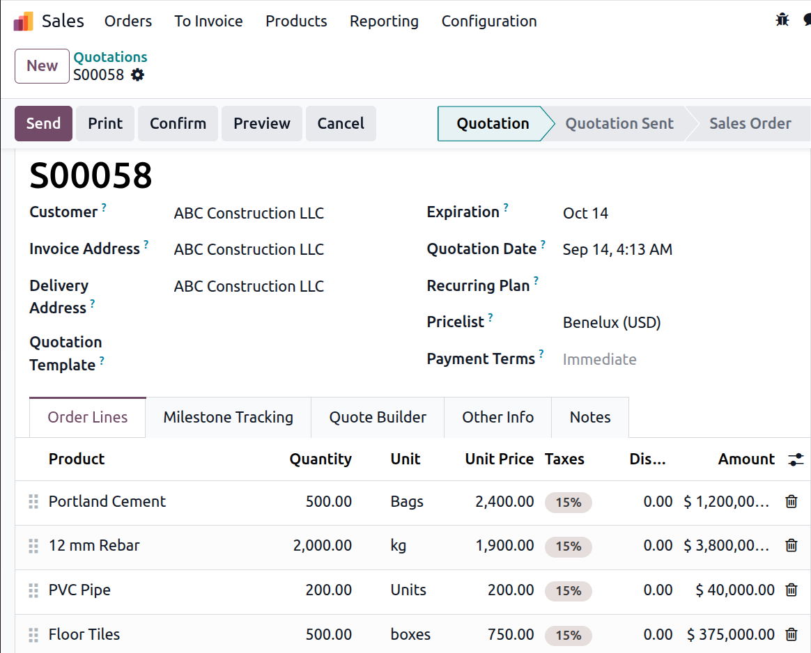 Odoo quotation for a contractor account with customer-specific pricelist