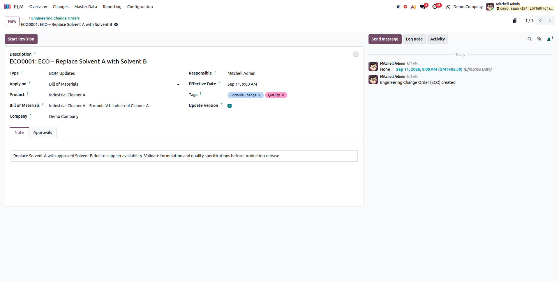 Odoo PLM formula version control