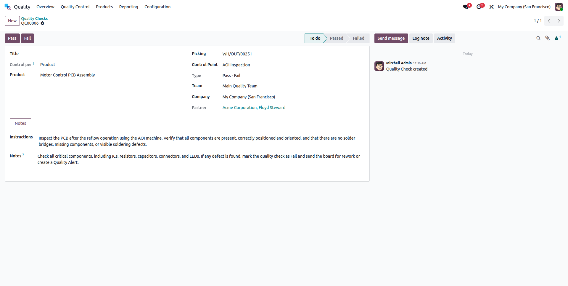 Odoo Quality in line inspection