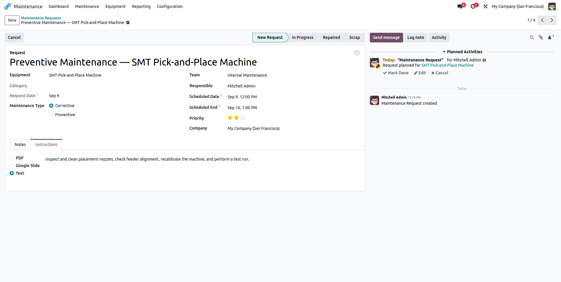 Odoo Maintenance line equipment