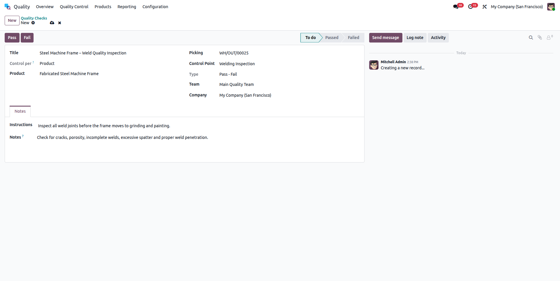 Odoo Quality dimensional and weld inspection