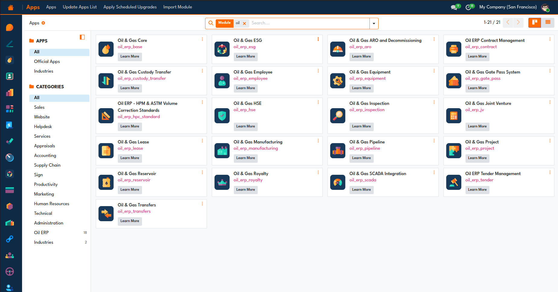 Full OilERP app and module list in Odoo