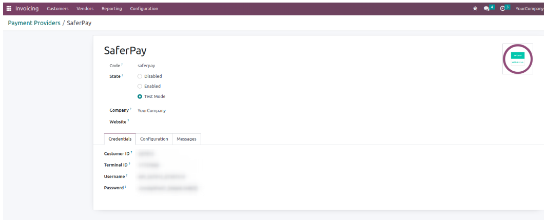 Saferpay payment provider configuration in Odoo