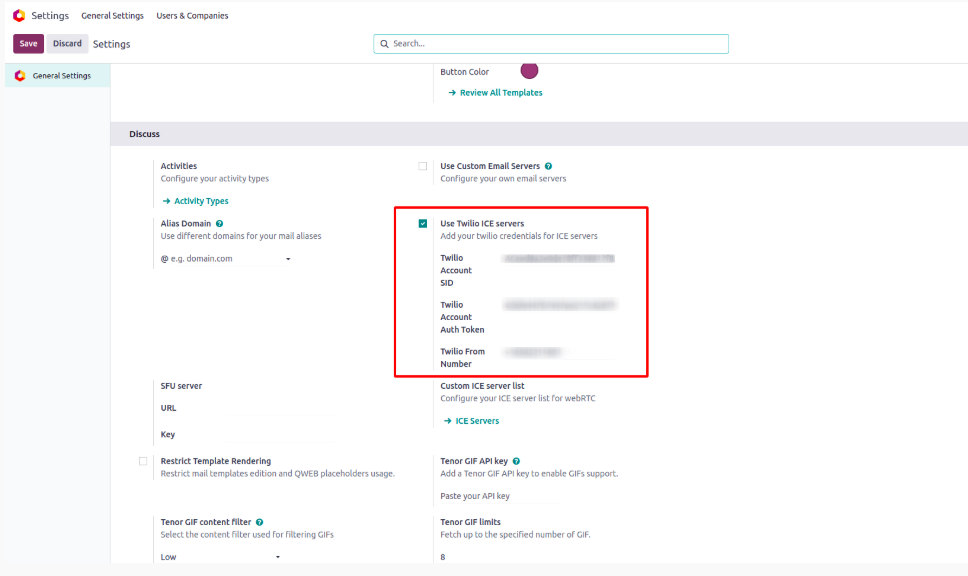Twilio credentials configuration in Odoo