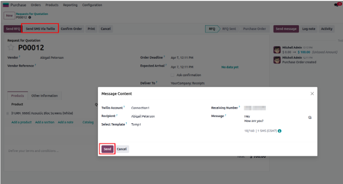 Sending an SMS from a Purchase Order via Twilio in Odoo