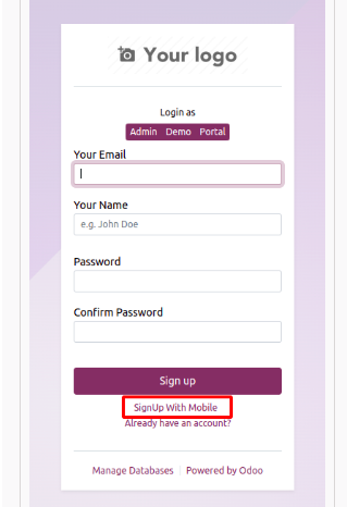Sign Up With Mobile option on the Odoo login page