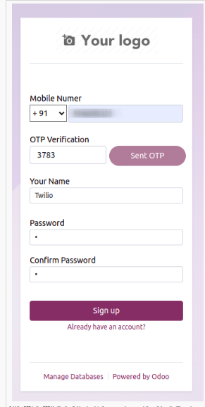OTP verification and sign up form for mobile number signup