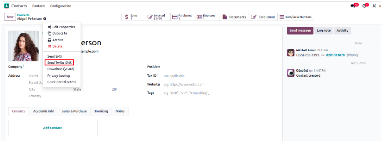 Sending an individual SMS through Twilio in Odoo