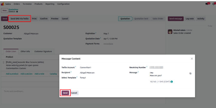 Sending an SMS from a Sales Order via Twilio in Odoo