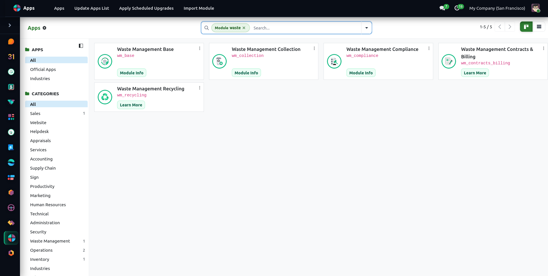 WasteERP operations dashboard showing today's collections, active routes, fleet status, open manifests and pending billing.