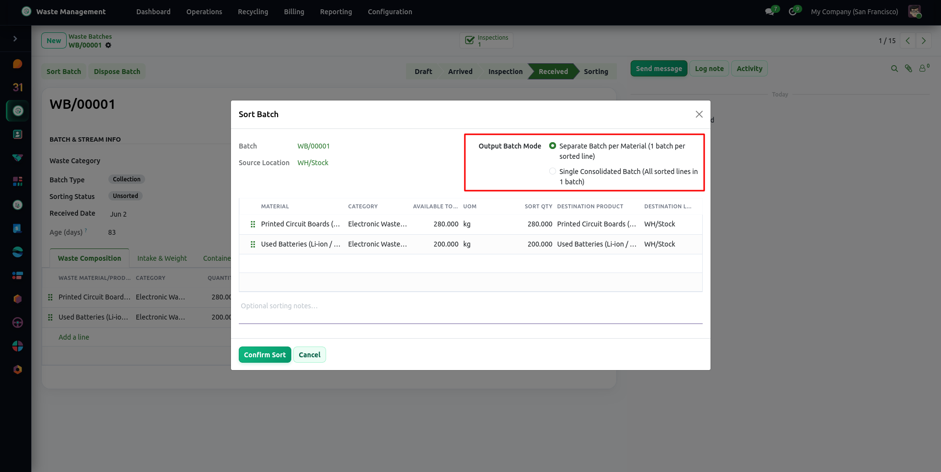 Odoo Apps list filtered to the five WasteERP modules: core, routing and fleet, processing and recycling, compliance manifests and contracts and billing.