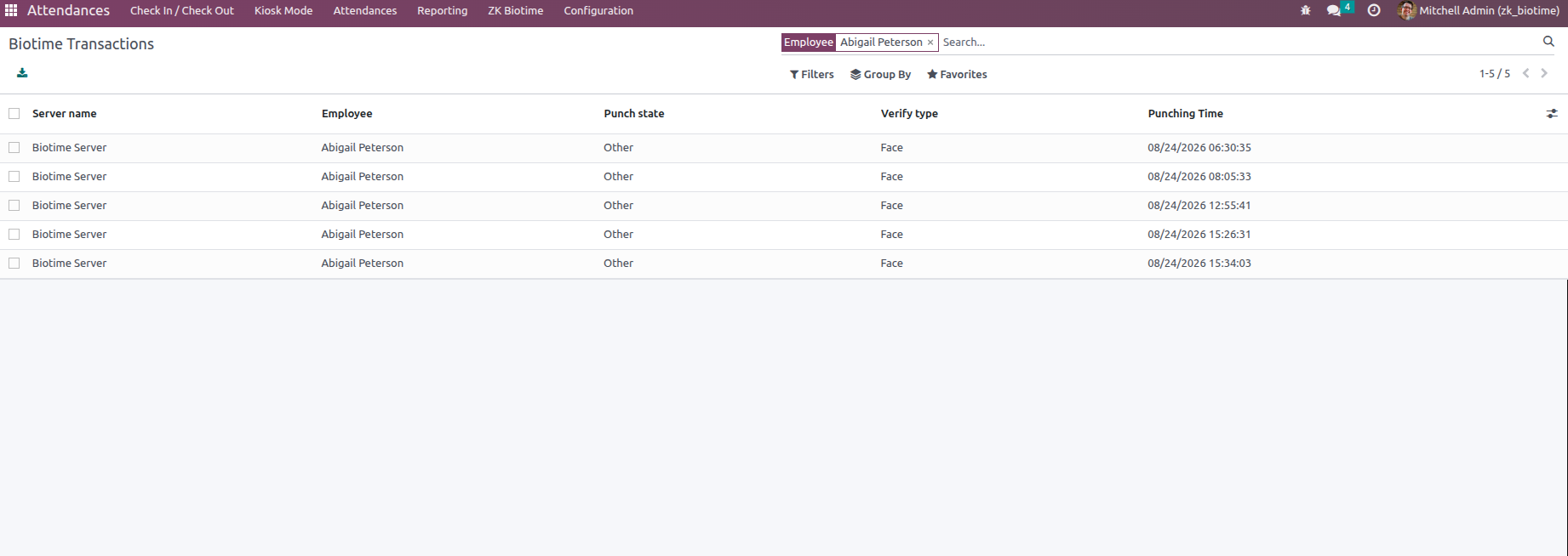 BioTime Transactions log in Odoo with punch events and verification methods