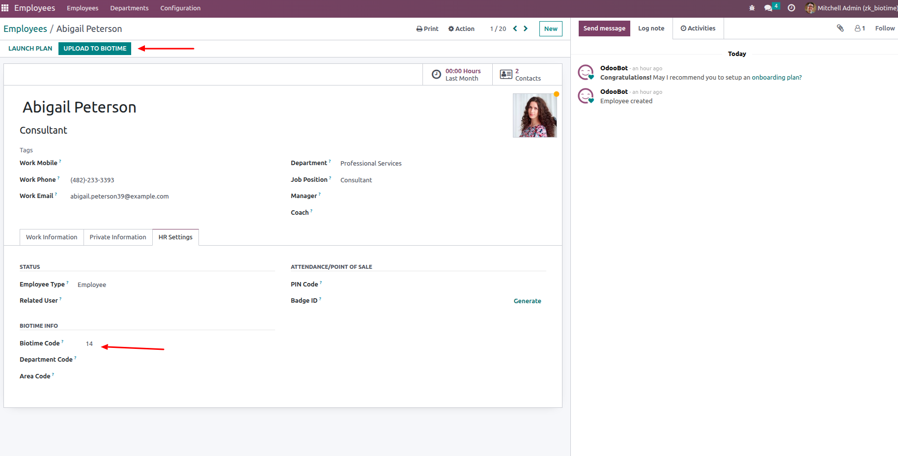 Upload to BioTime button on the Odoo Employee form