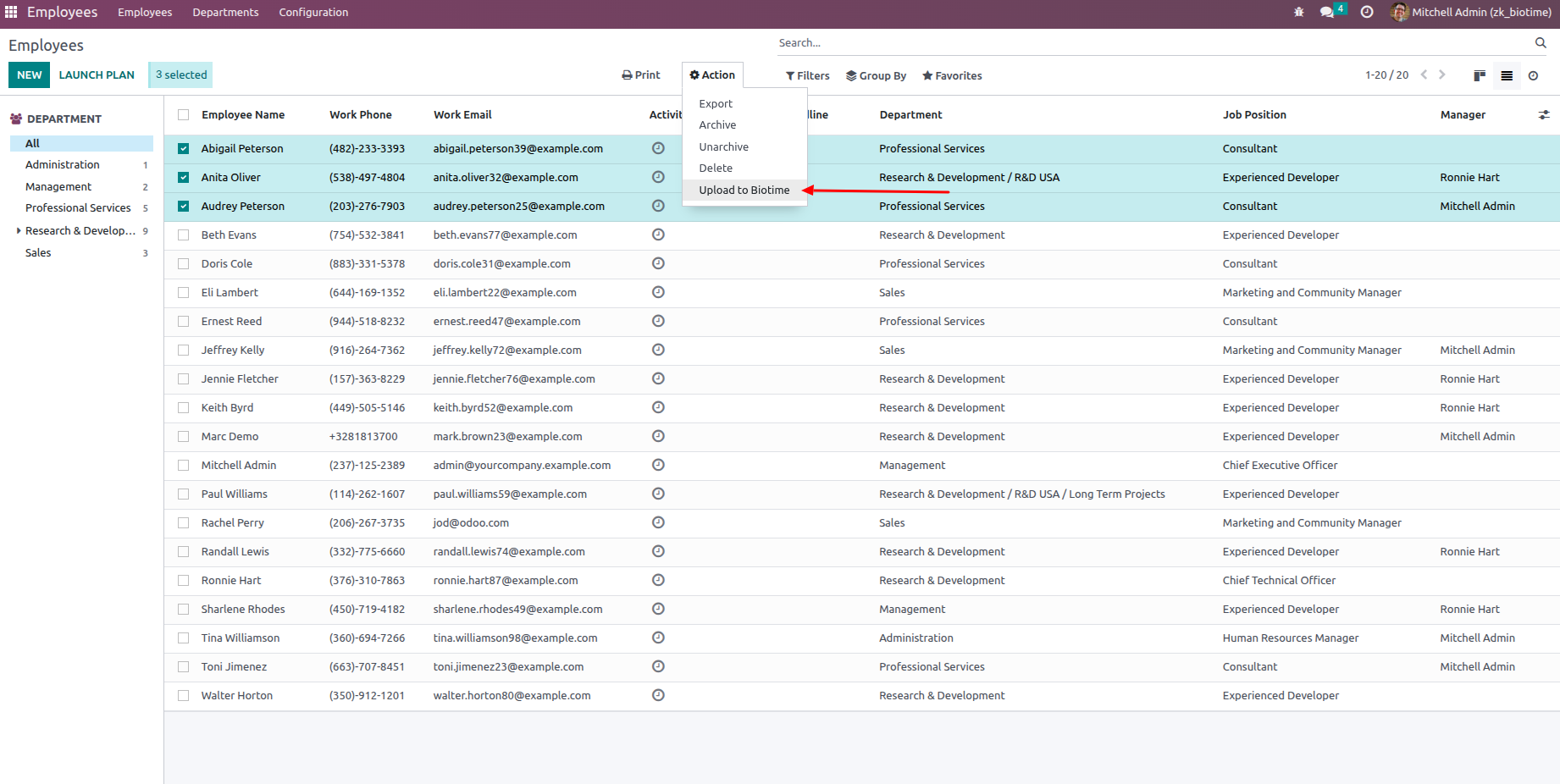 Upload to BioTime button on the Odoo Employee form